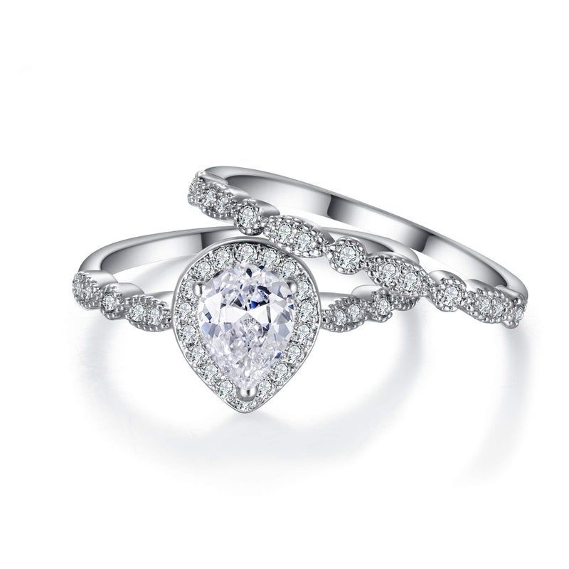 EVER FAITH Bridal Engagement Jewelry Valentine Gift White Cubic Zirconia Pear Shaped Teardrop Promise Ring Set Size 7 - Image 1